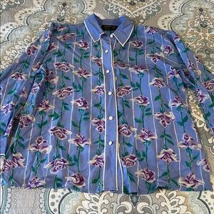 Bob Mackie Blue and Purple Floral Striped 100% Silk Vintage Blouse